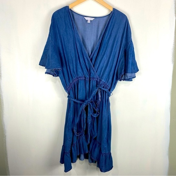 Lauren Conrad Chambray Ruffle Trim Tie Waist Flutter Sleeve Mini Dress XXL 2XL - Picture 1 of 6